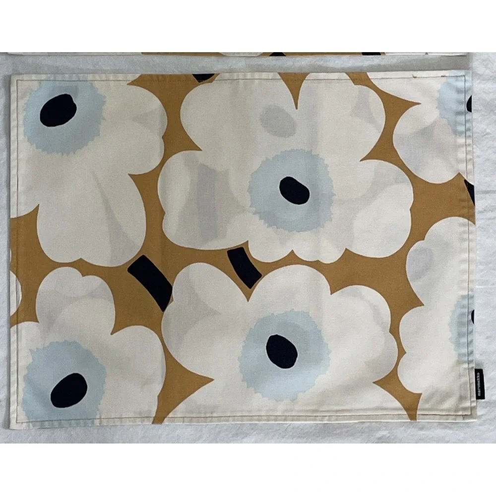 Vintage Marimekko Pieni Unikko Placemats Set of 4 Floral Gold White Black Blue